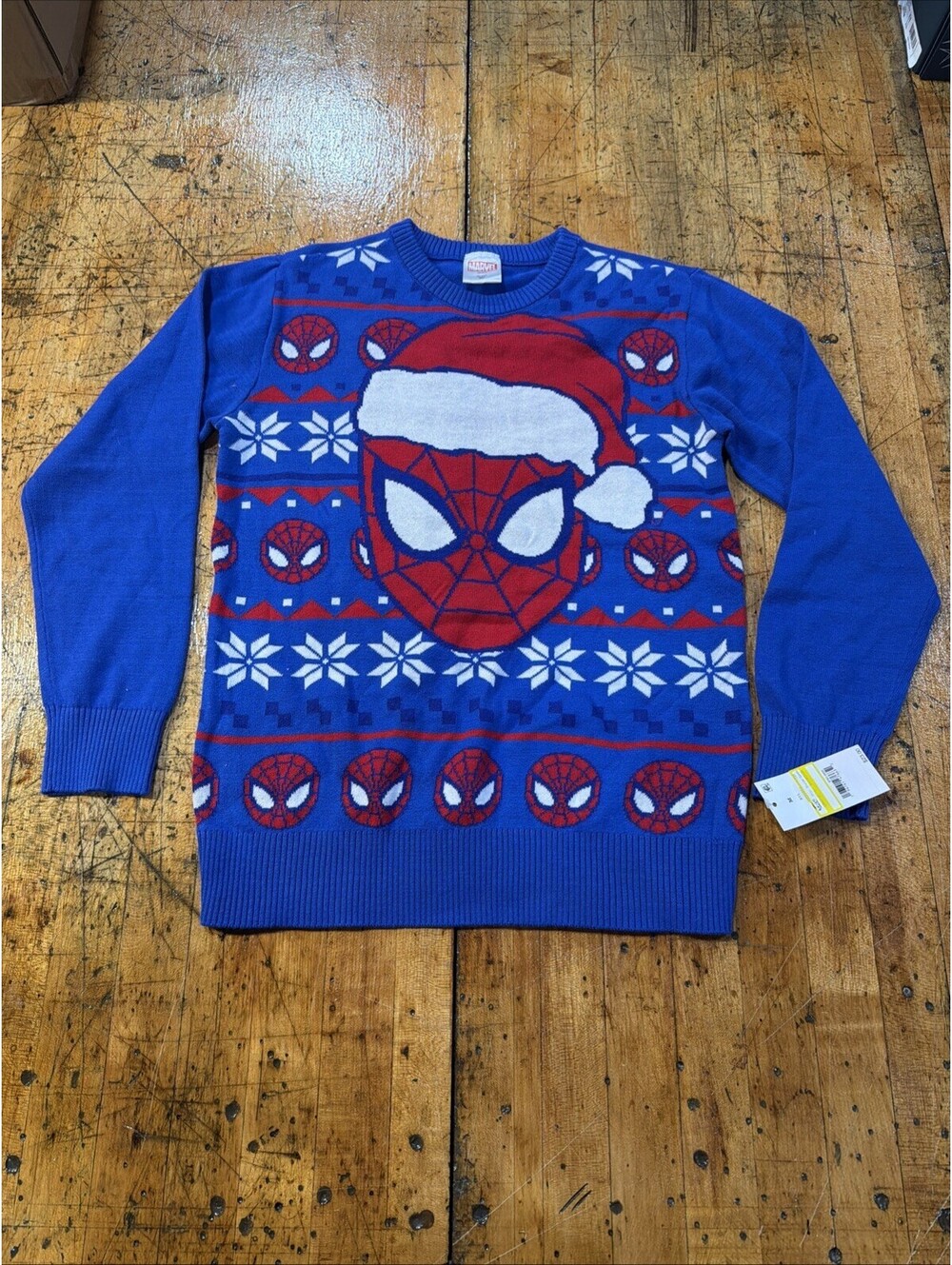 Marvel Spider-Man Christmas Pullover Sweater Boys Size S Blue Knit Long Sleeve